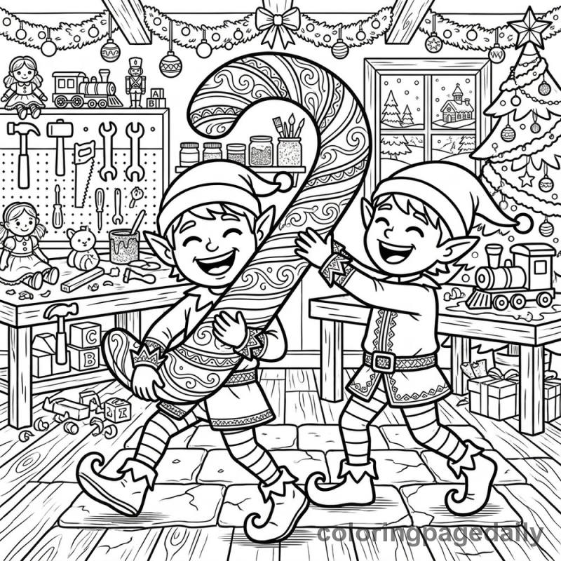 Elves Carry a Giant Candy Cane - Daily printable coloring page in Christmas category