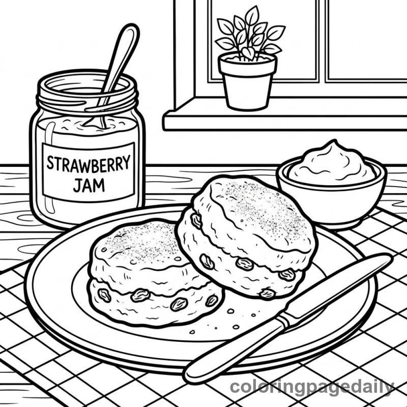 English Scones with Jam - Daily printable coloring page in Food category
