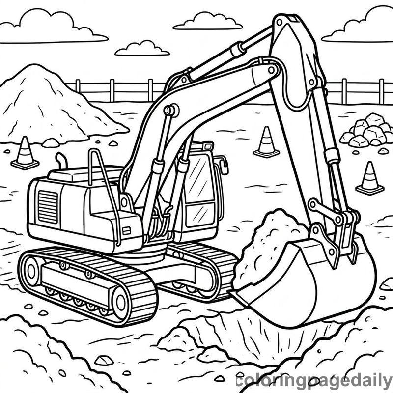 Excavator Digging Dirt - Daily printable coloring page in Vehicle category