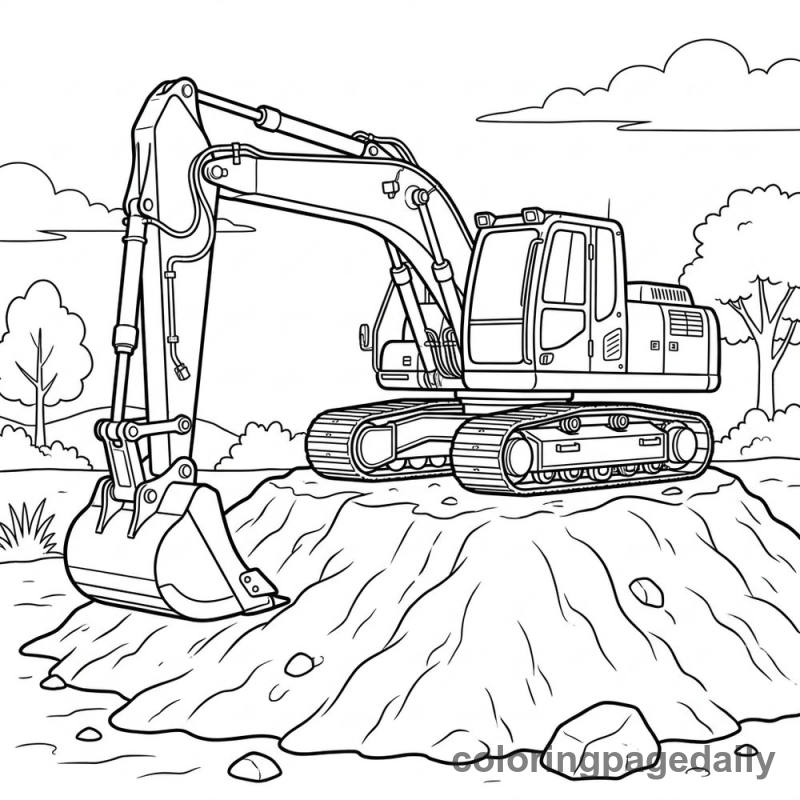 Excavator on Dirt Mound - Daily printable coloring page in Vehicle category