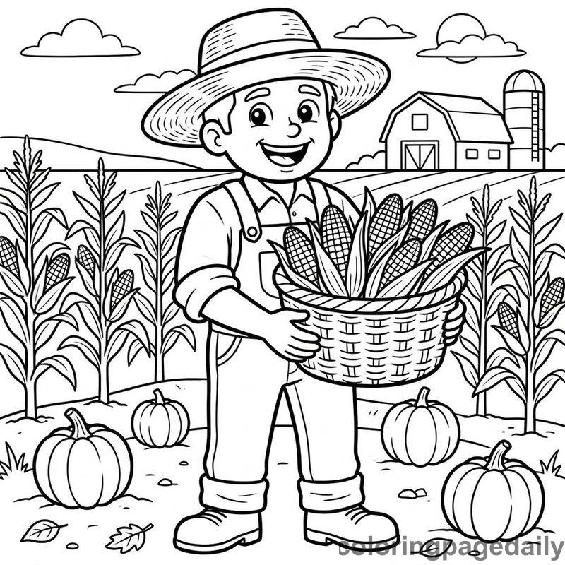 Farmer Harvesting Fresh Corn - Daily printable coloring page in Professions category