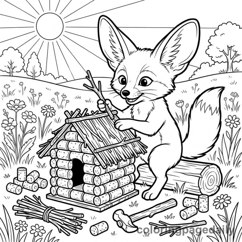 Fennec Fox Building Birdhouse - Daily printable coloring page in Animals category