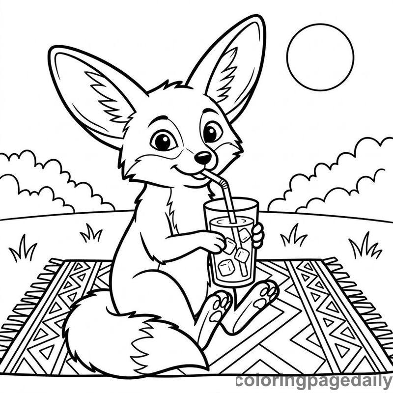 Fennec Fox Drinking Lemonade - Daily printable coloring page in Animals category