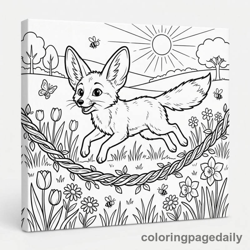 Fennec Fox Jumping Rope - Daily printable coloring page in Animals category