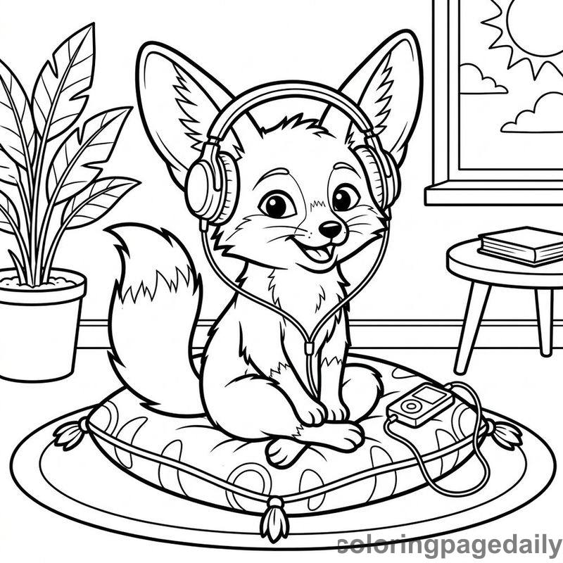 Fennec Fox Listening To Music - Daily printable coloring page in Animals category
