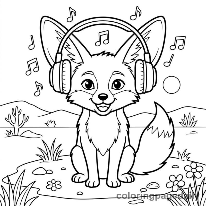 Fennec Fox Listens to Music - Daily printable coloring page in Animals category