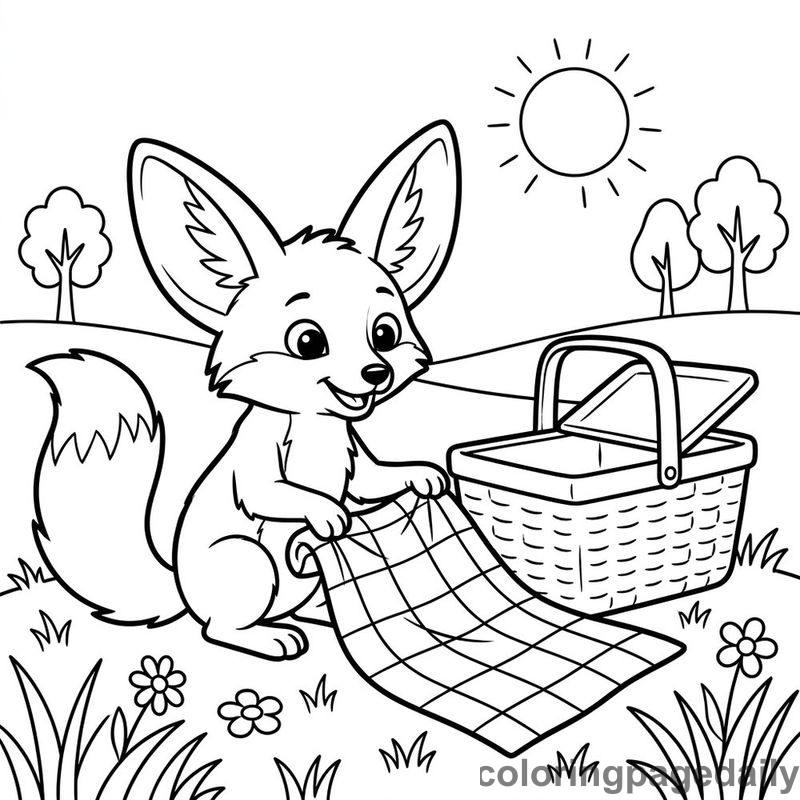 Fennec Fox Packing Picnic Basket - Daily printable coloring page in Animals category