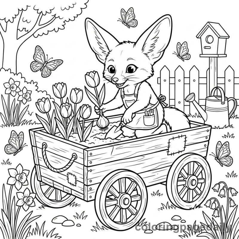 Fennec Fox Planting Spring Tulips - Daily printable coloring page in Animals category
