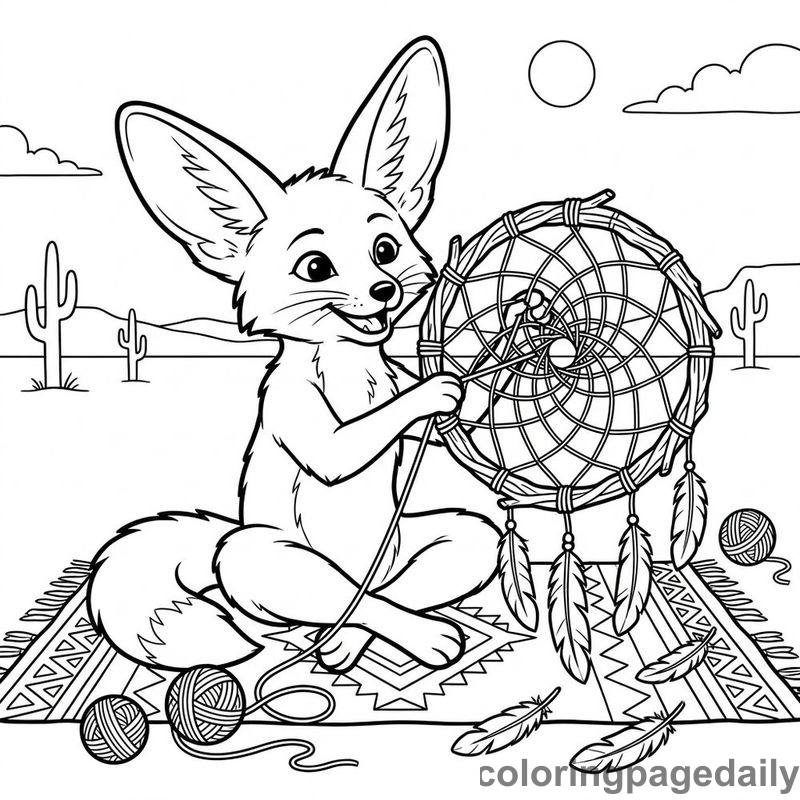 Fennec Fox Weaving Dreamcatcher - Colored reference example