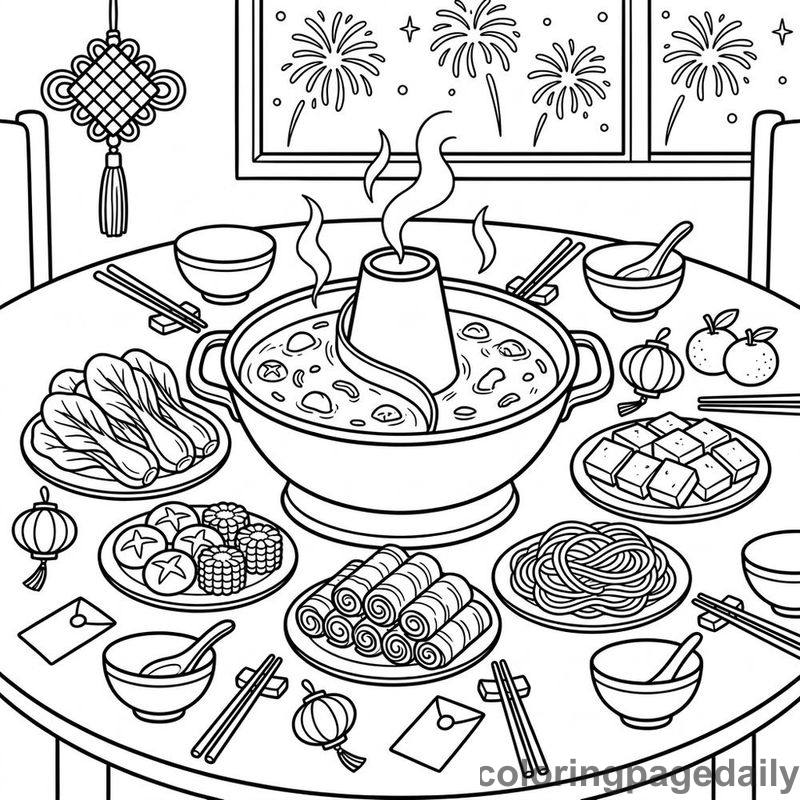Festive Hot Pot Dinner - Daily printable coloring page in Chinese New Year category