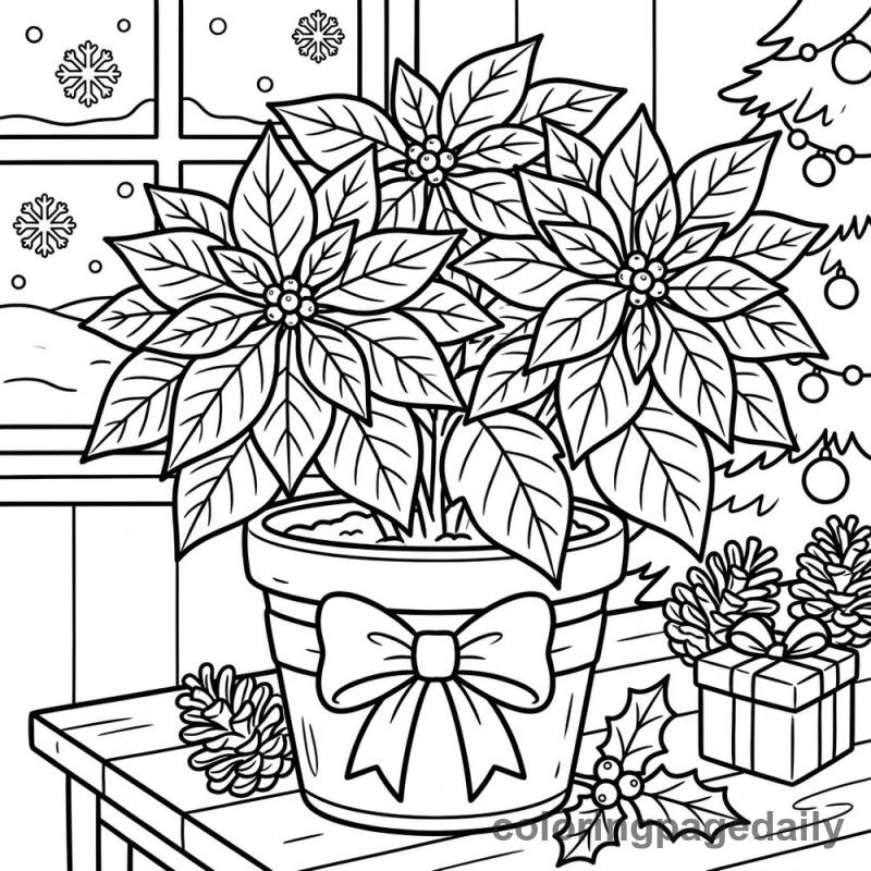 Festive Poinsettia Plant - Daily printable coloring page in Christmas category