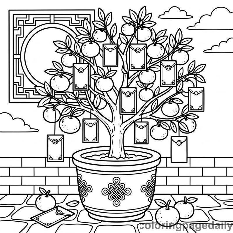 Festive Tangerine Tree - Daily printable coloring page in Chinese New Year category