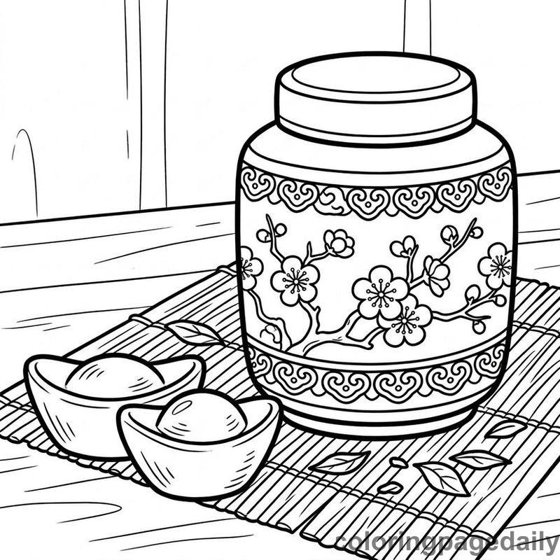 Festive Tea Caddy And Ingots - Daily printable coloring page in Chinese New Year category