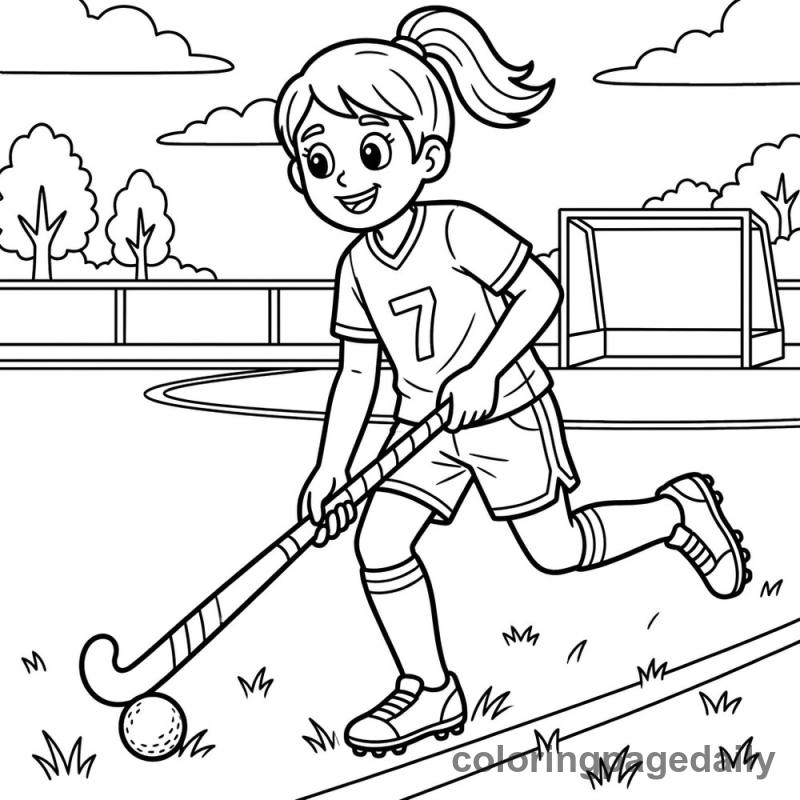 Field Hockey Player Running - Daily printable coloring page in Sports category