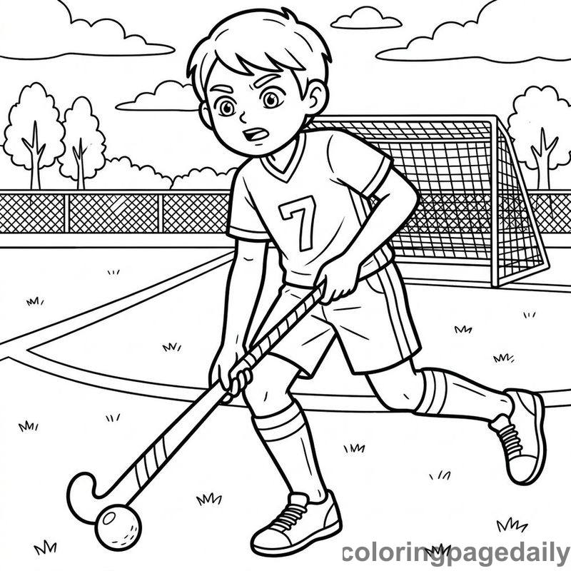 Field Hockey Player Running - Daily printable coloring page in Sports category