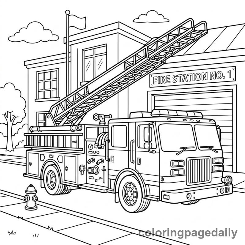 Fire Truck at Station - Daily printable coloring page in Vehicle category