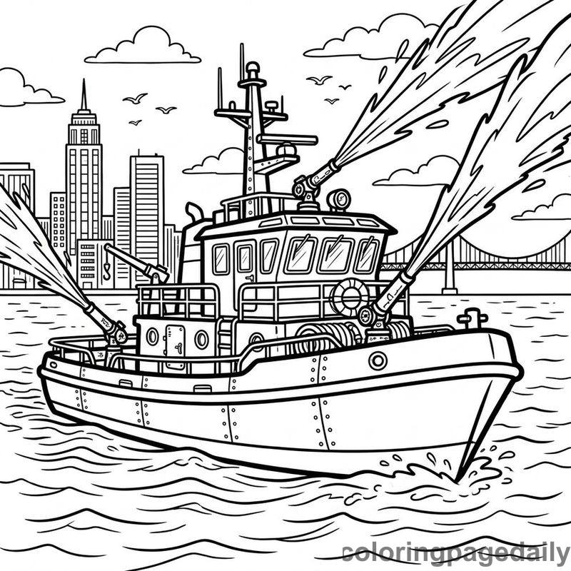 Fireboat Spraying Water - Daily printable coloring page in Vehicle category
