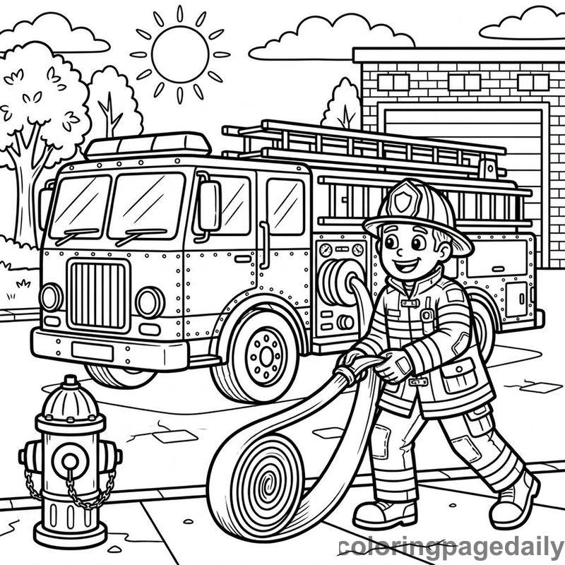 Firefighter Unrolling Fire Hose - Colored reference example
