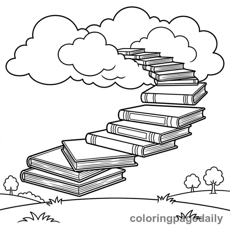 Floating Book Staircase - Daily printable coloring page in Scenery category