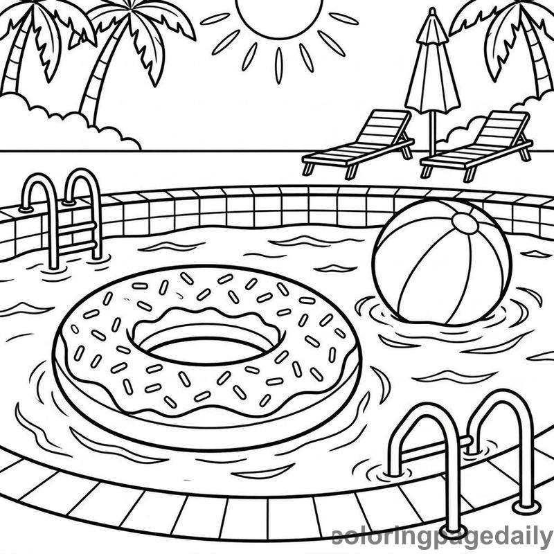 Floating Donut And Beach Ball - Daily printable coloring page in Summer Vacation category