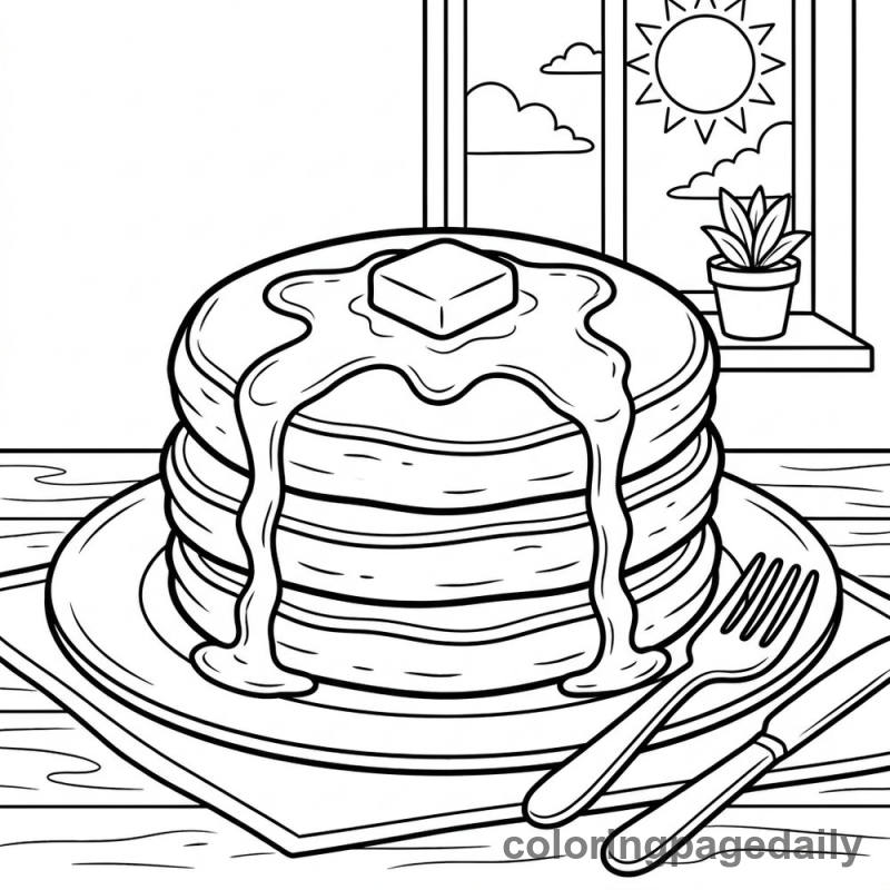 Fluffy American Pancakes Stack - Daily printable coloring page in Food category