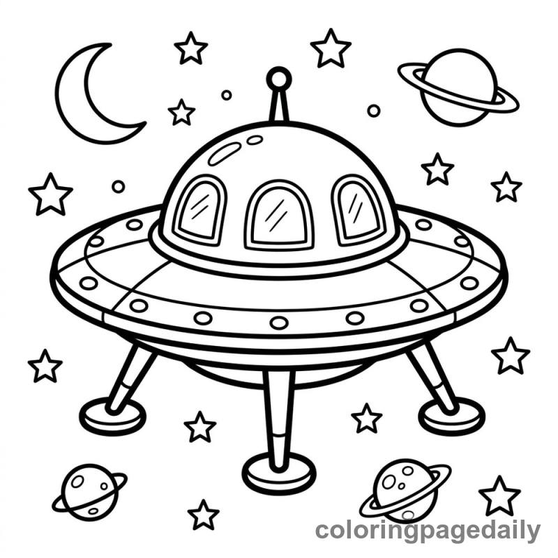 Flying Saucer in Space - Daily printable coloring page in Space category