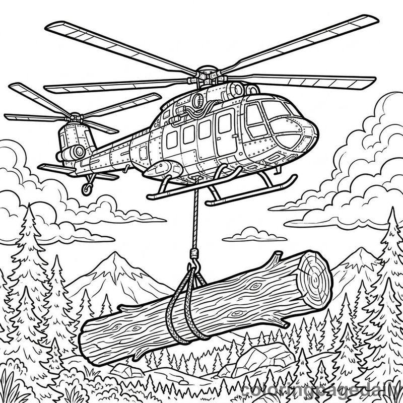 Forestry Helicopter Lifting Log - Daily printable coloring page in Vehicle category