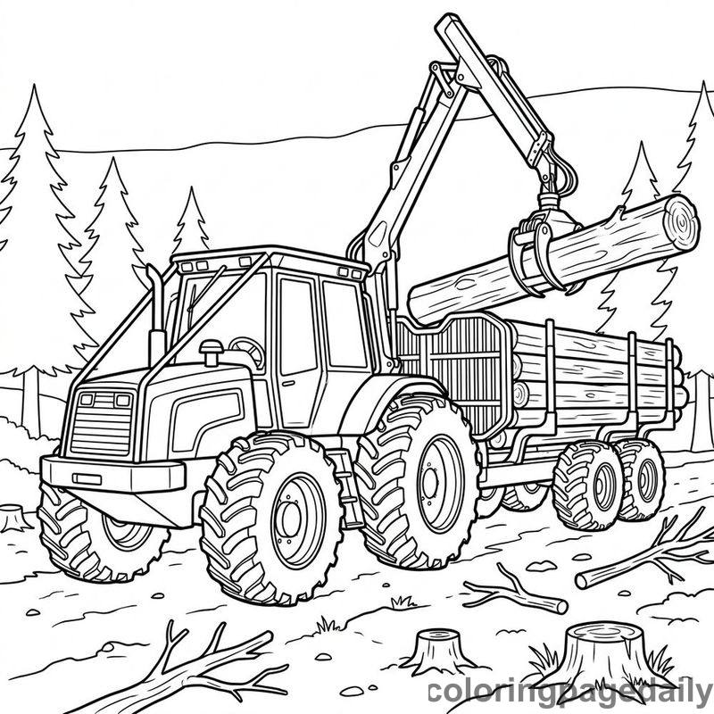 Forestry Tractor Loading Logs - Colored reference example