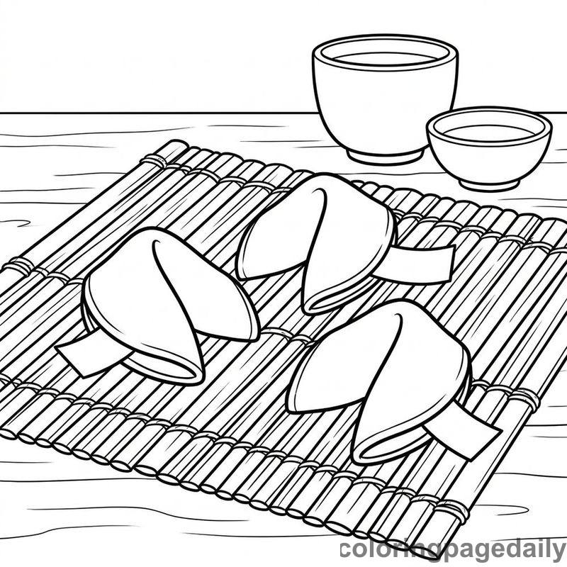 Fortune Cookies On Bamboo Mat - Daily printable coloring page in Food category