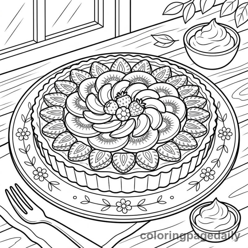 French Fruit Tart Dessert - Daily printable coloring page in Food category