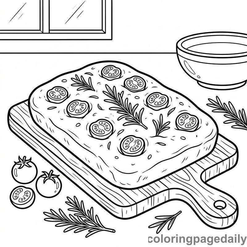 Fresh Italian Focaccia Bread - Daily printable coloring page in Food category