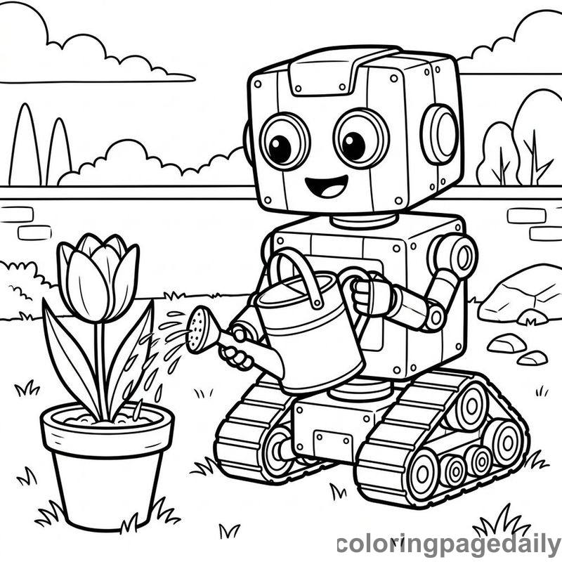 Friendly Robot Watering Tulip - Colored reference example