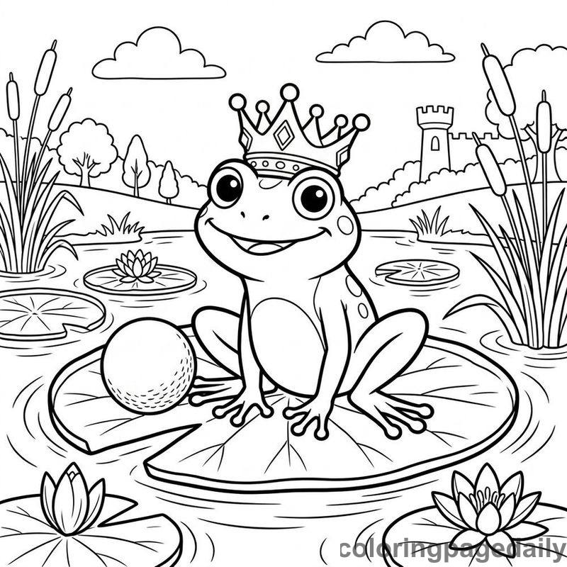 Frog Prince Sitting On Lily Pad - Daily printable coloring page in Fairy Tales category