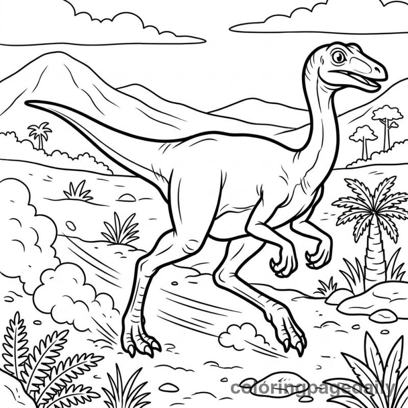 Gallimimus Running Fast - Daily printable coloring page in Dinosaur category
