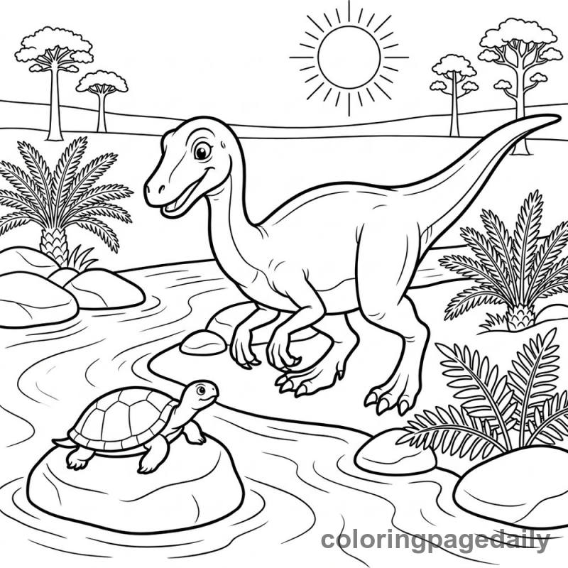 Gallimimus Watching Prehistoric Turtle - Daily printable coloring page in Dinosaur category