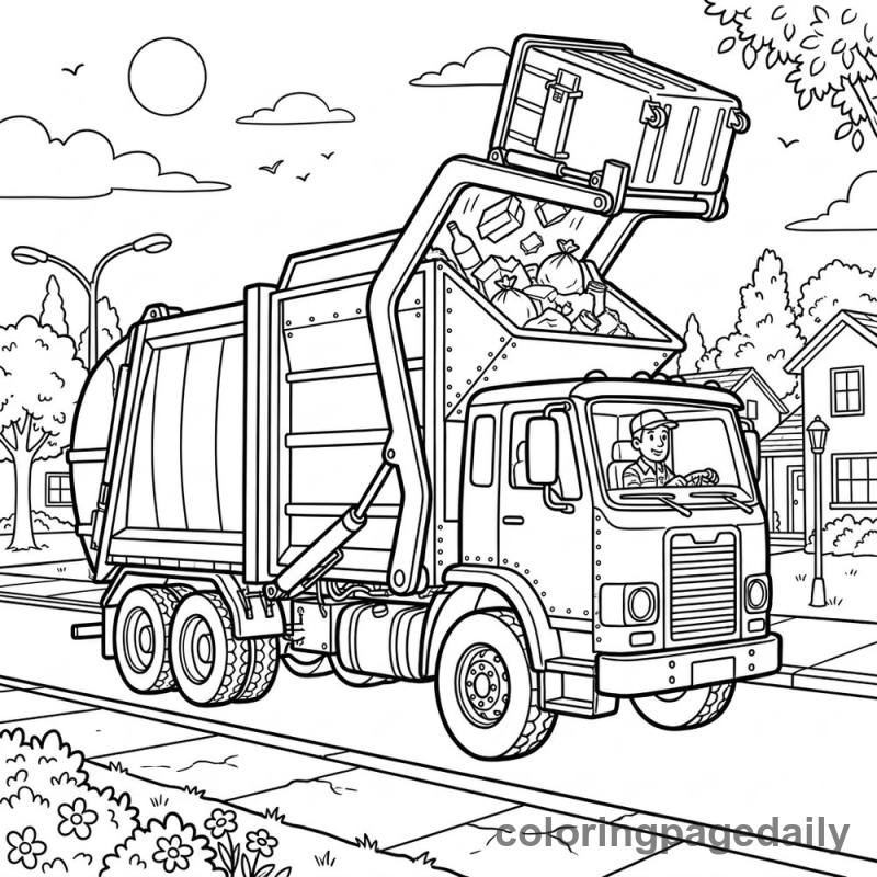 Garbage Truck Working - Daily printable coloring page in Vehicle category