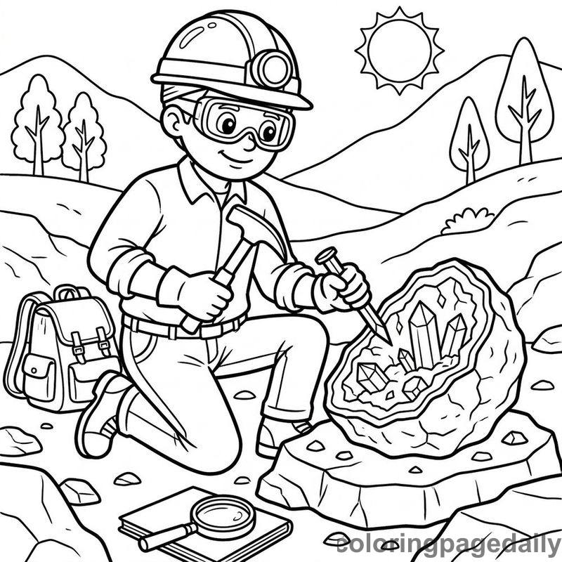 Geologist Cracking A Geode - Daily printable coloring page in Professions category