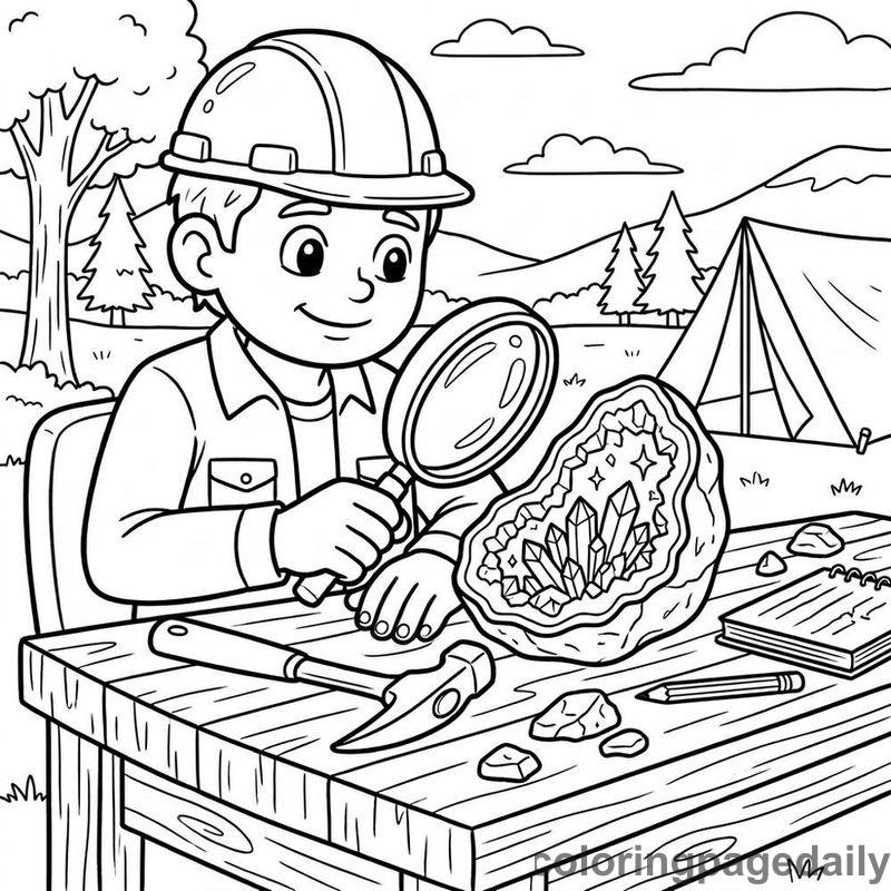 Geologist Examining A Geode - Daily printable coloring page in Professions category