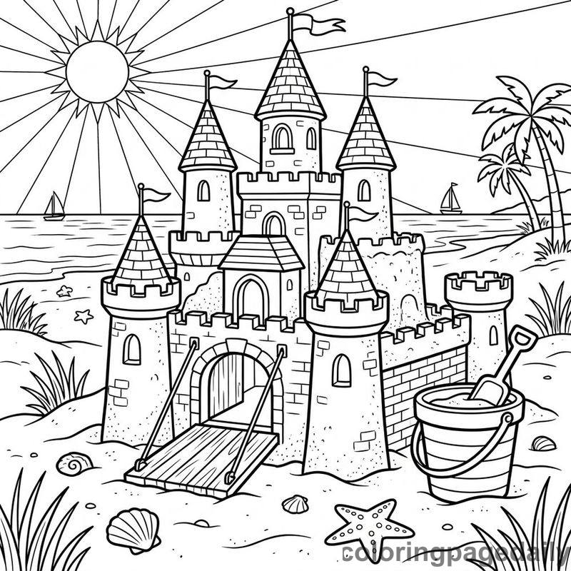 Giant Beach Sandcastle - Daily printable coloring page in Summer Vacation category