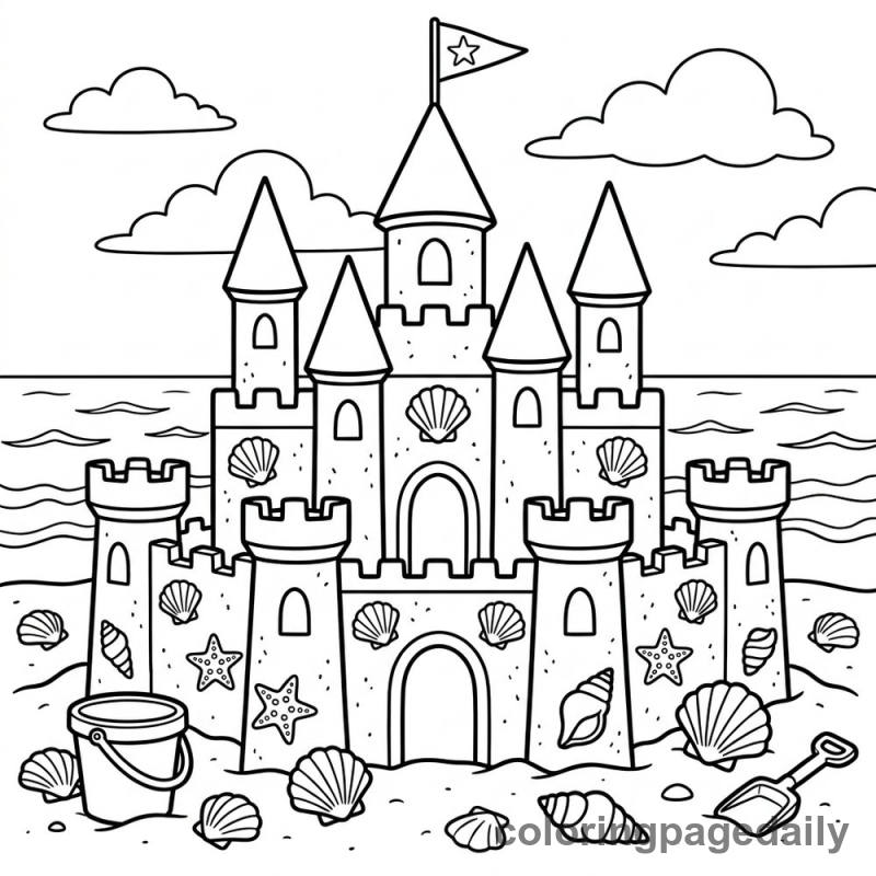 Giant Beach Sandcastle - Daily printable coloring page in Summer Vacation category