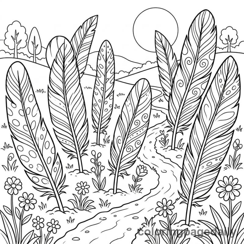 The Giant Feather Garden - Daily printable coloring page in Scenery category