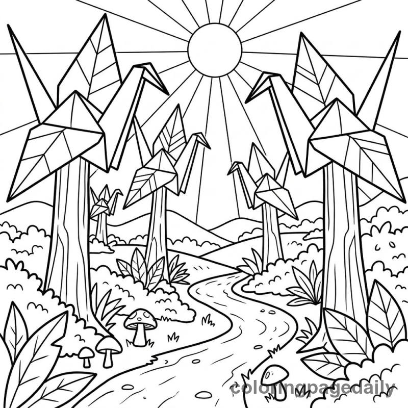 Giant Origami Crane Forest - Daily printable coloring page in Scenery category
