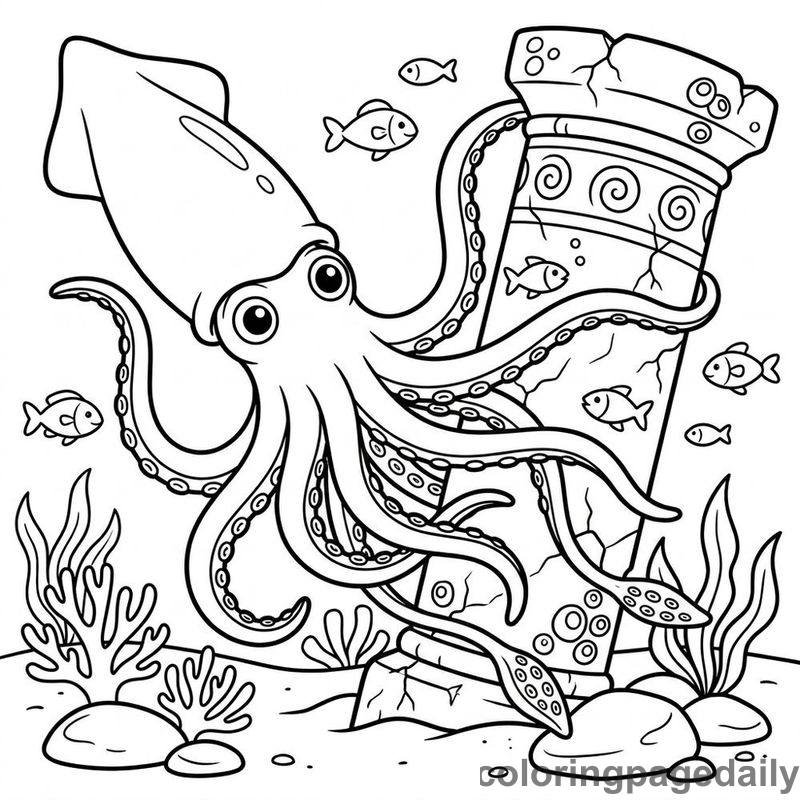 Giant Squid Exploring Pillar - Colored reference example