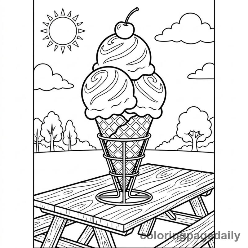 Giant Summer Ice Cream Cone - Daily printable coloring page in Summer Vacation category