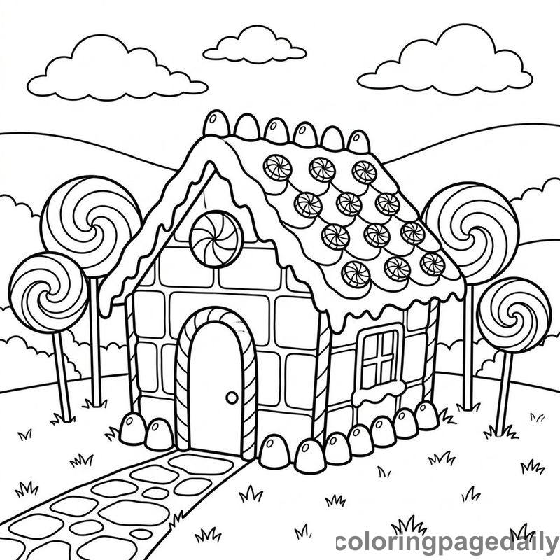 Gingerbread Cottage And Lollipops - Daily printable coloring page in Fairy Tales category