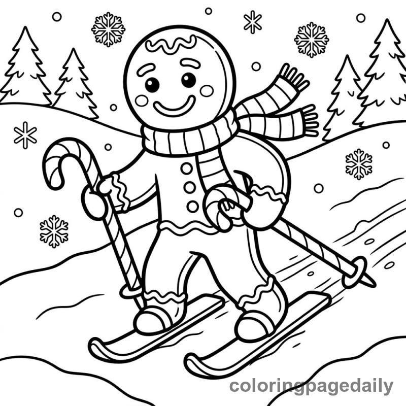 Gingerbread Man Skiing - Daily printable coloring page in Christmas category