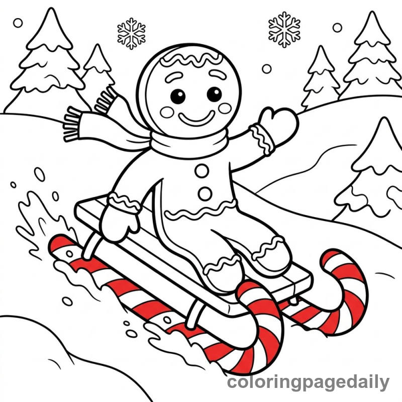 Gingerbread Man Sledding - Daily printable coloring page in Christmas category