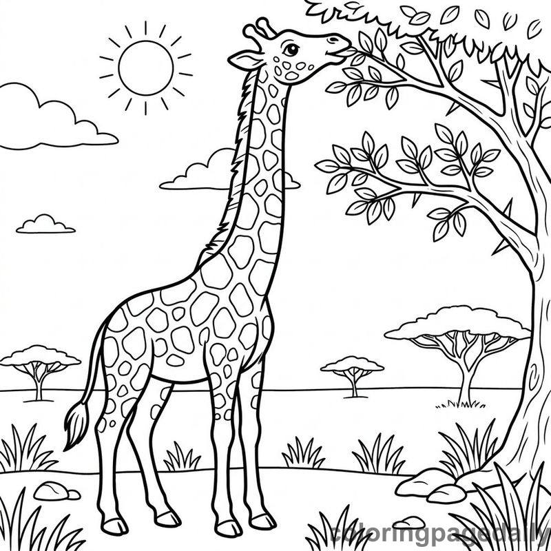 Giraffe Eating Acacia Leaves - Daily printable coloring page in Animals category