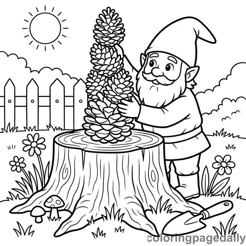 Gnome Building Pinecone Tower - Colored reference example