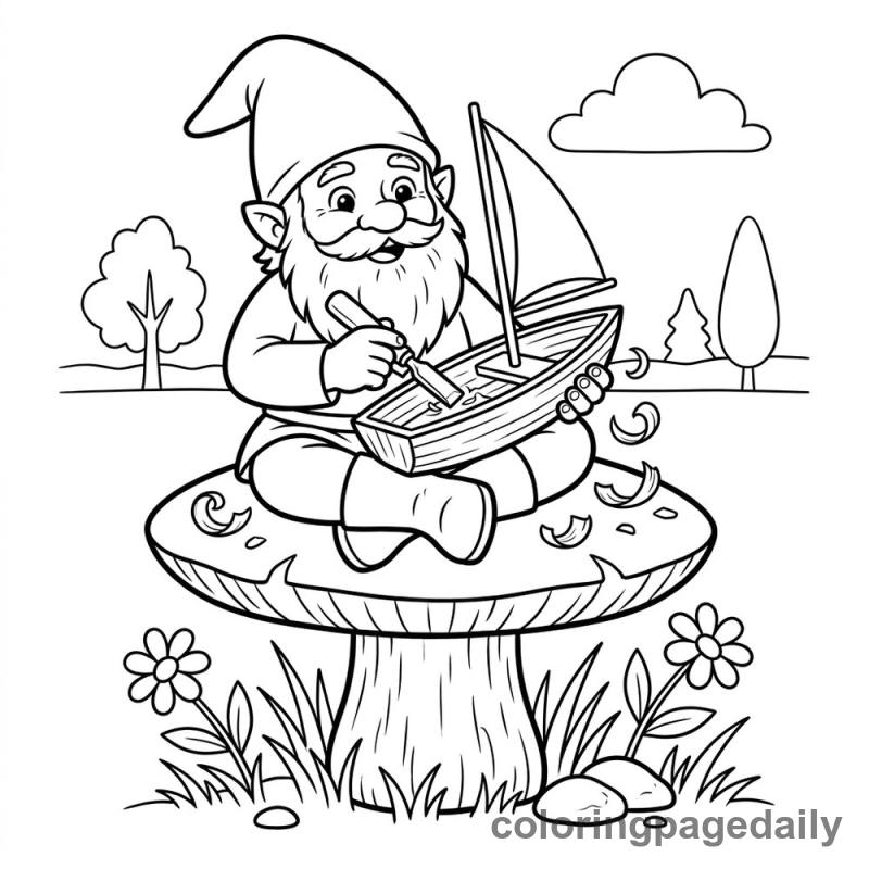 Gnome Carving Wooden Sailboat - Daily printable coloring page in Mythical Creature category